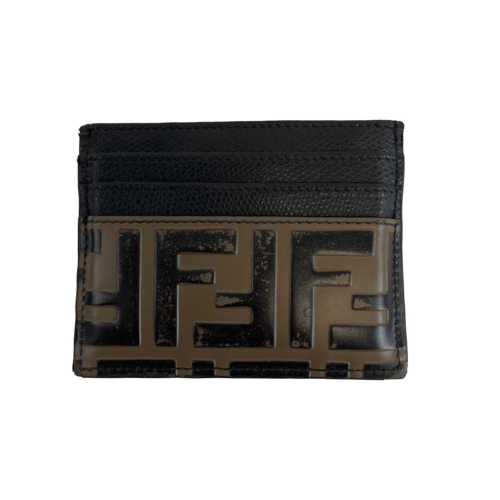 Fendi Roma Black Calfskin Leather Embossed Logo Card Case Wallet