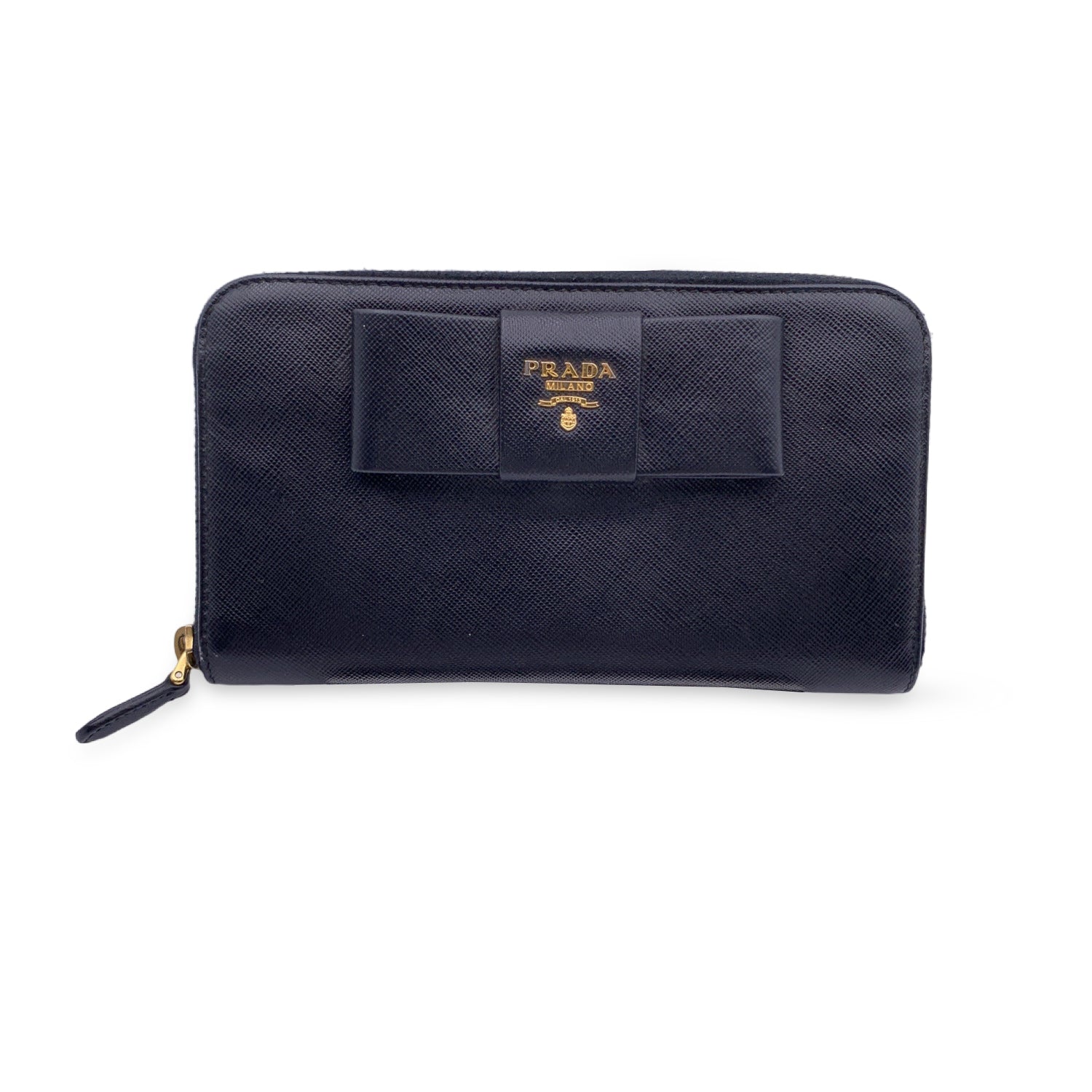 PRADA Black Saffiano Leather Continental Bow Zippy Wallet 1M0506