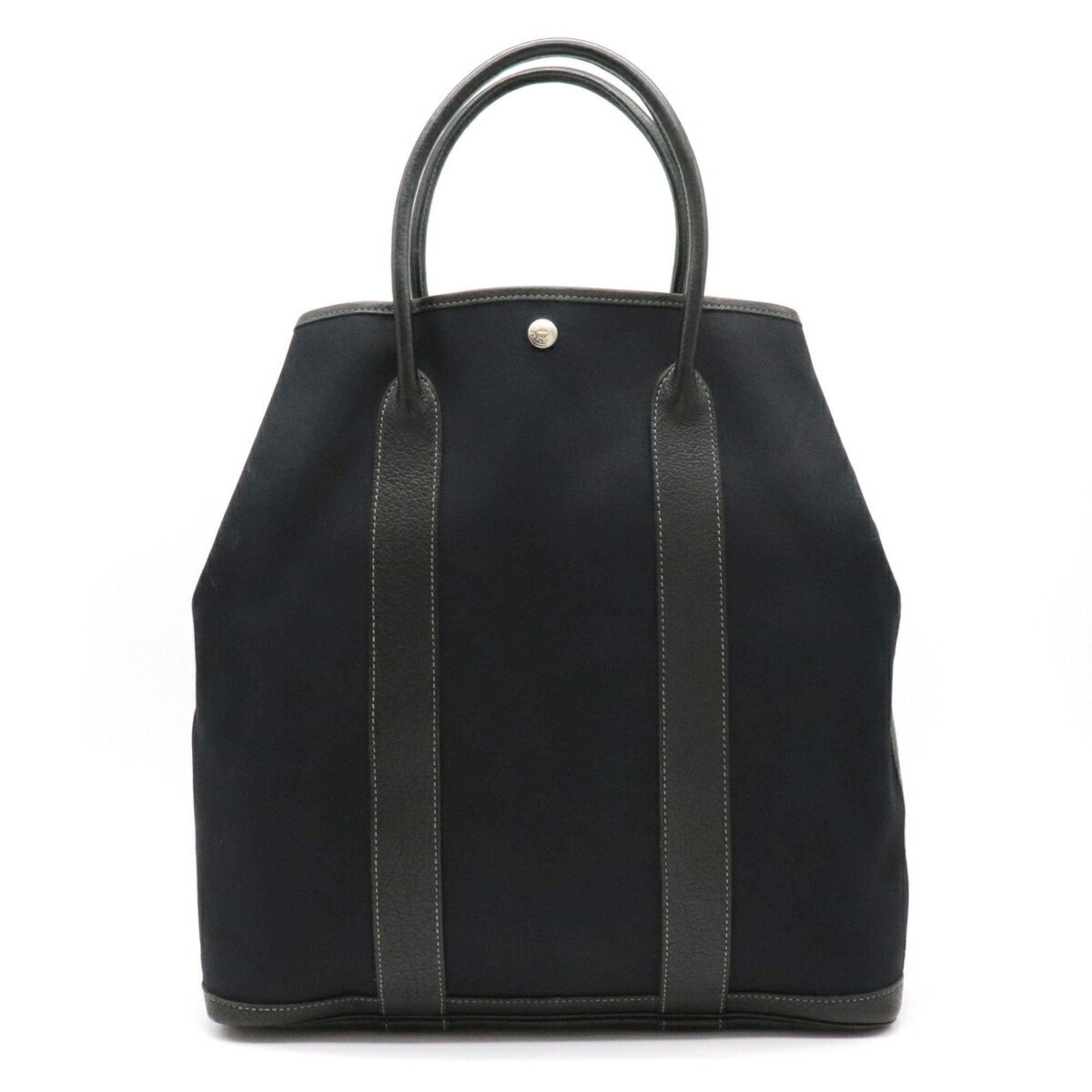 Hermes Hermes Garden Party MM Black Leather Gray Canvas Tote