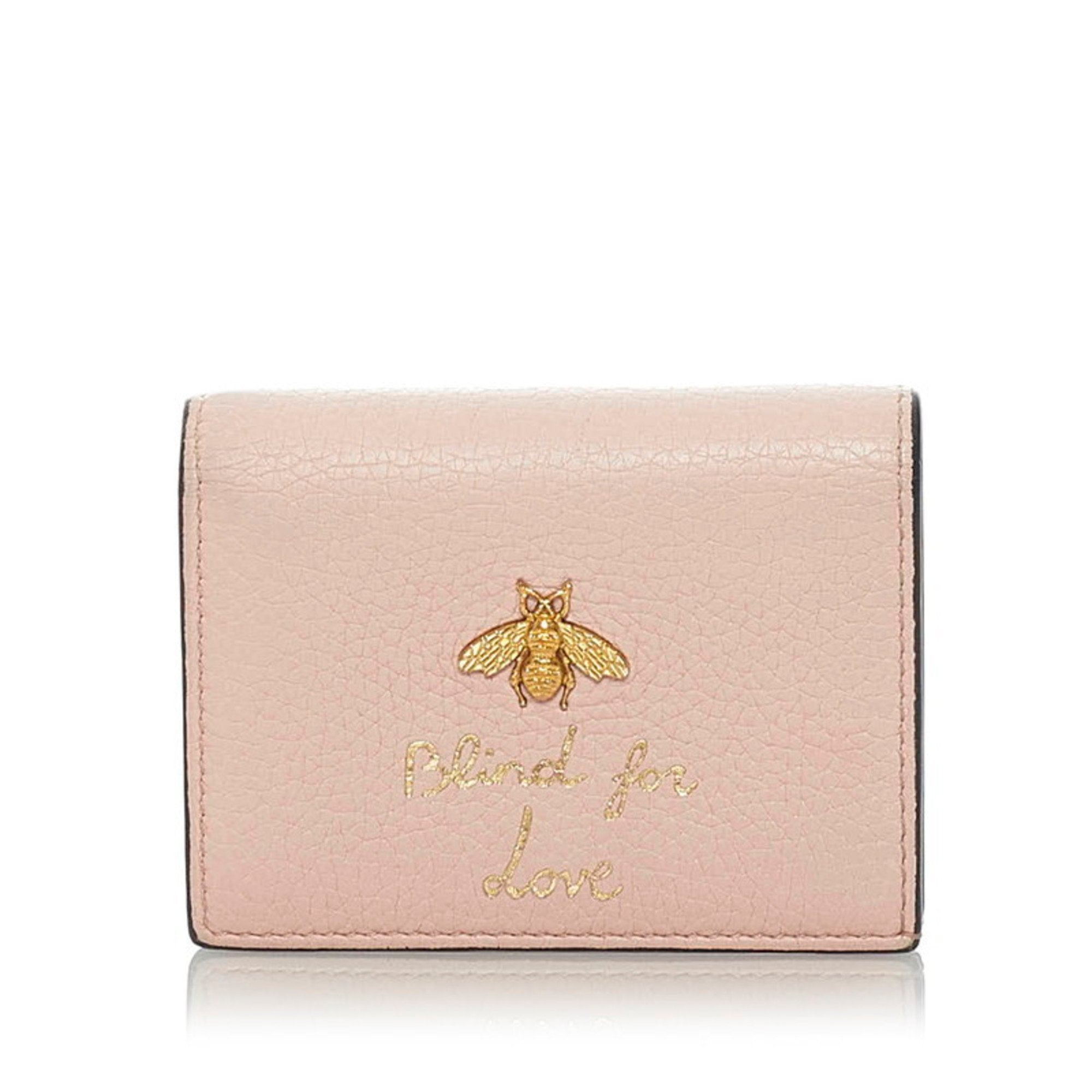 Gucci Animalier Bee Leather Card Case Light Pink 460185 Bi-Fold Mini Wallet  Compact