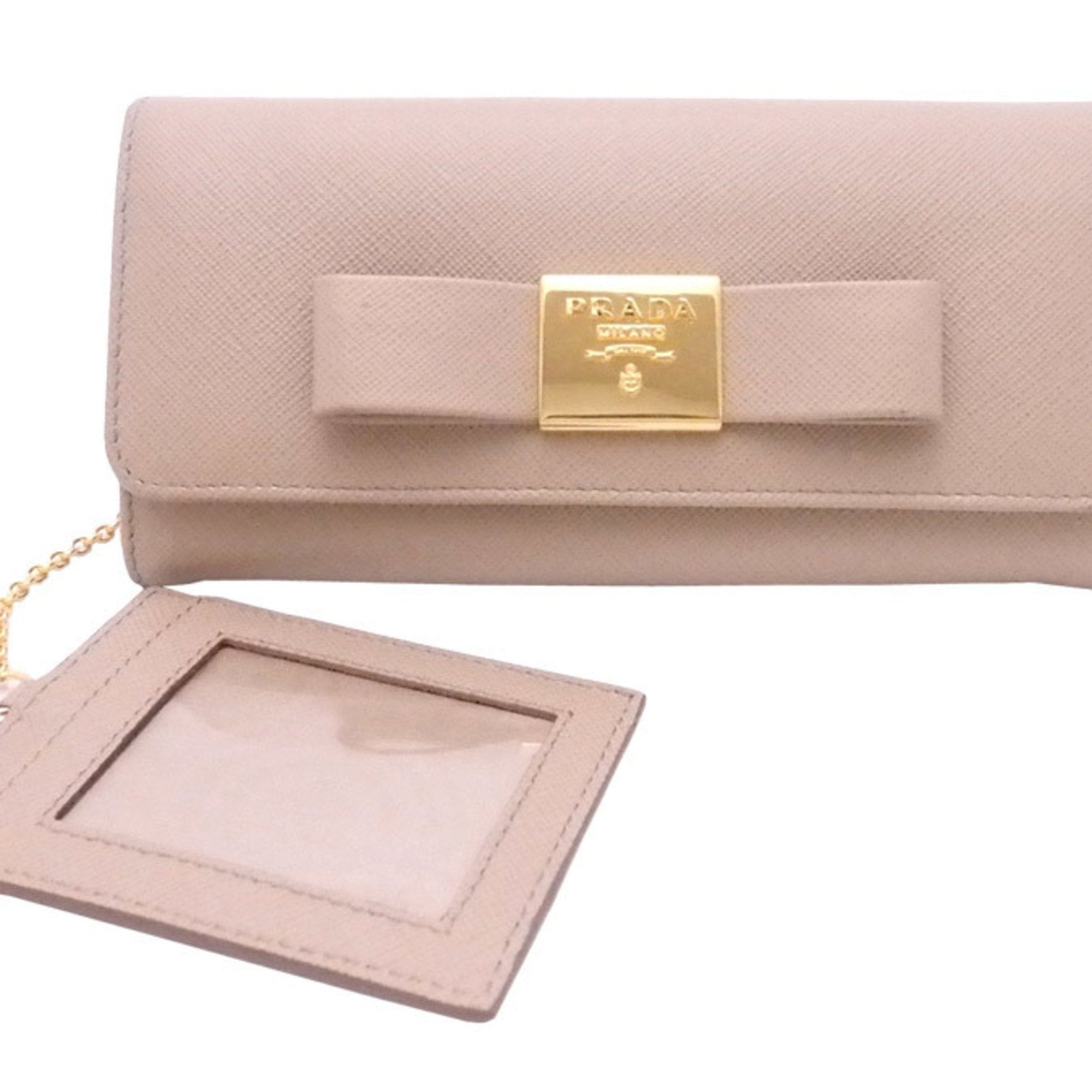Prada bi-fold long wallet logo ribbon beige leather x gold metal fitti