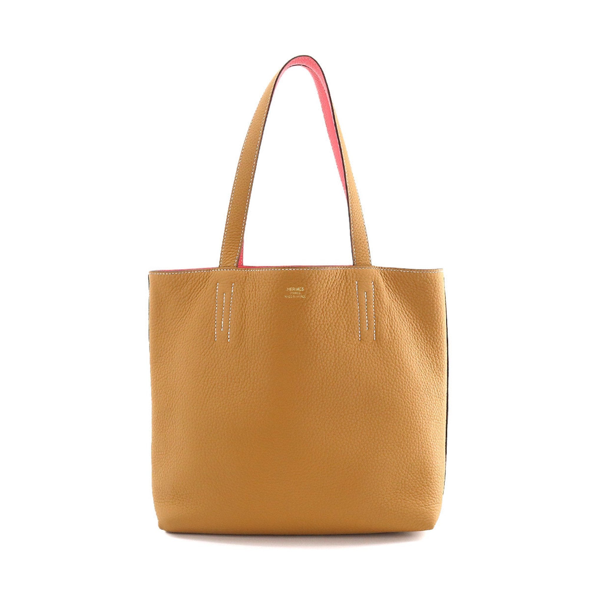 HERMES Clemence Leather Double Sens Tote Bag Brown/Orange