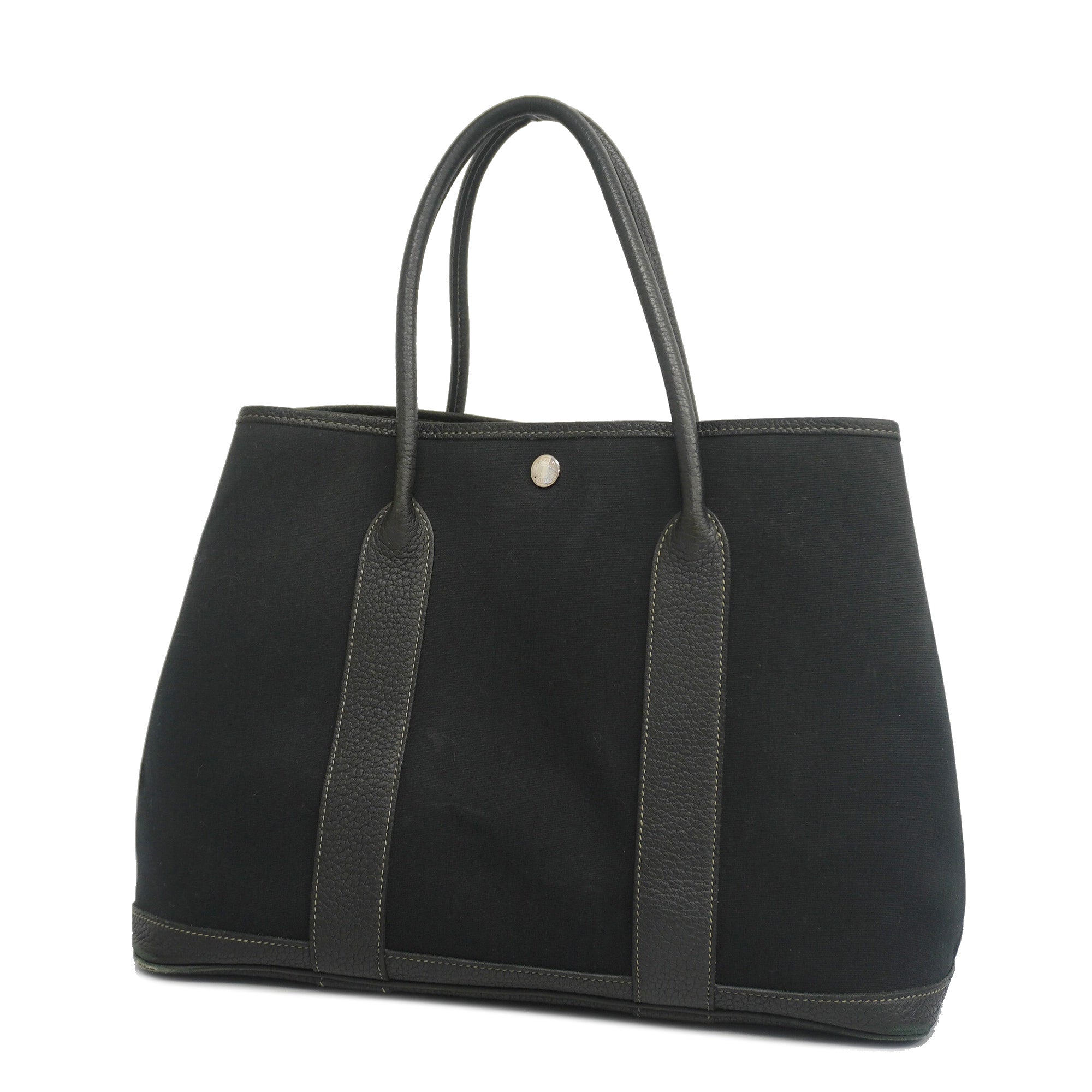 Hermes Hermes Garden Party MM Black Leather Gray Canvas Tote