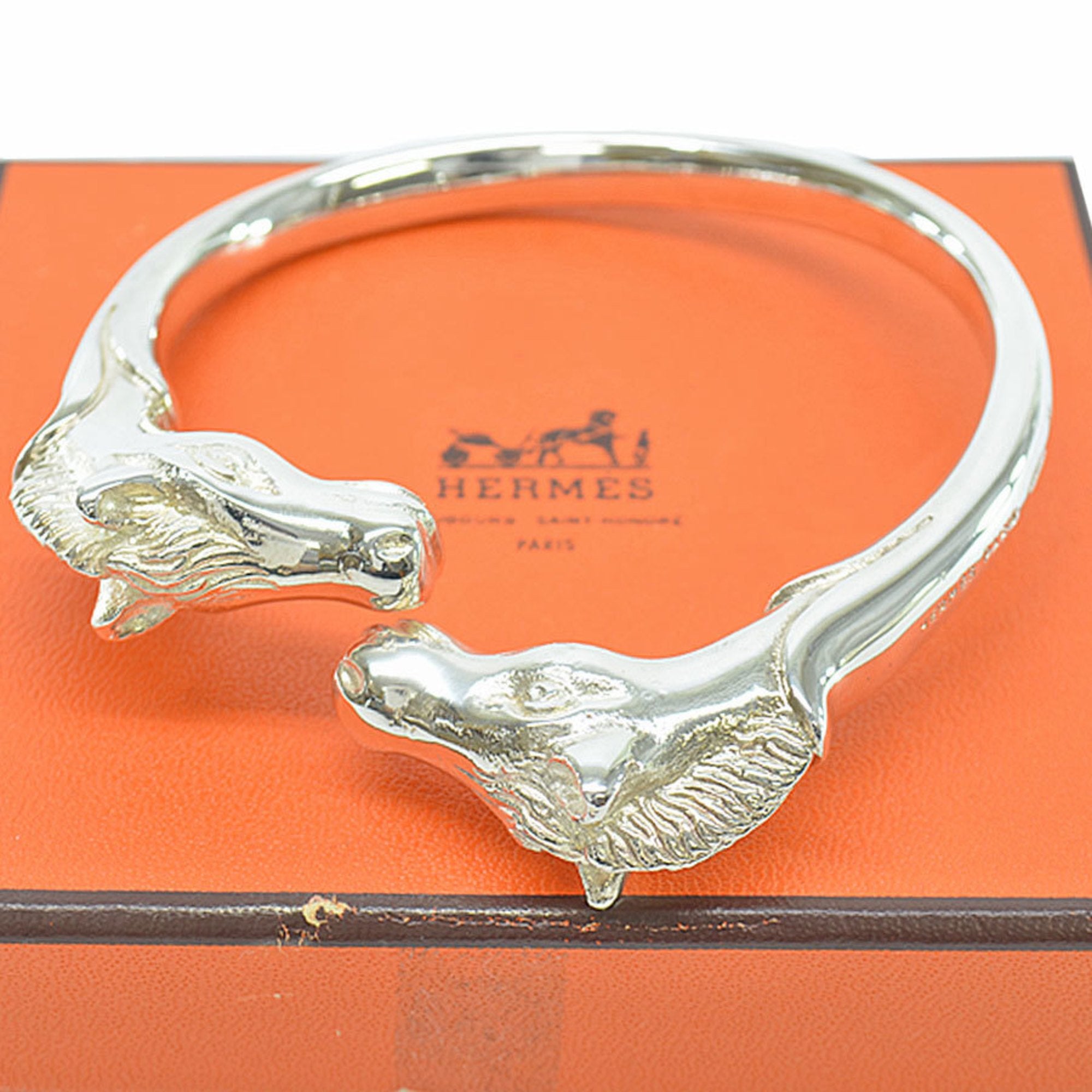 HERMES Bangle Open Bracelet Cheval Horse Head Silver Tone Metal with Box  Auth