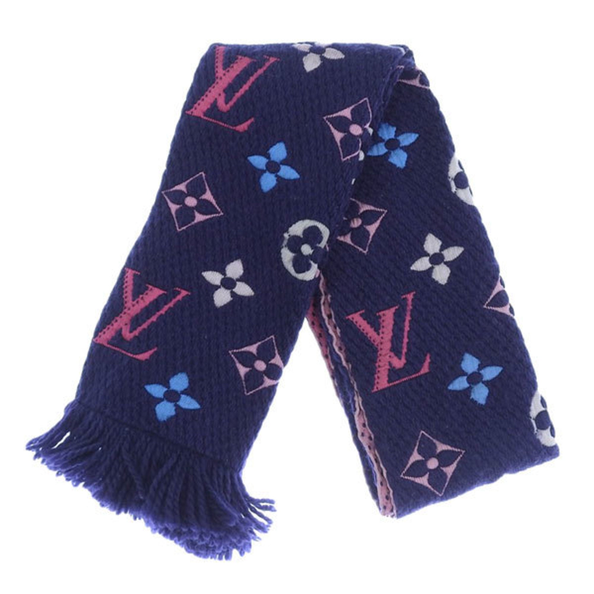 LOUIS VUITTON Logomania Rainbow Wool Silk Scarf Navy