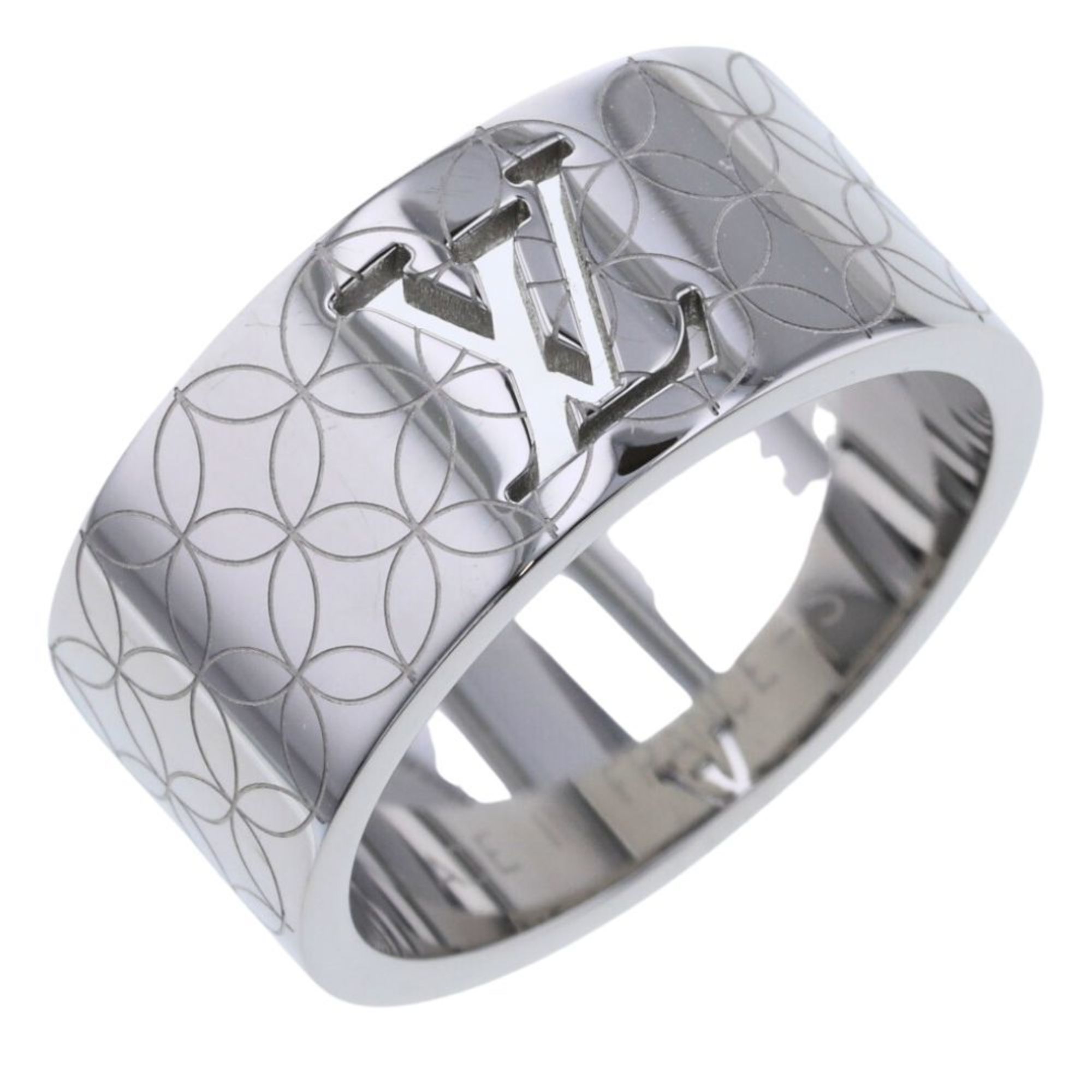 Louis Vuitton Champs-Elysées Logo Cut-out Textured Silver Tone Band Ring  Size 60