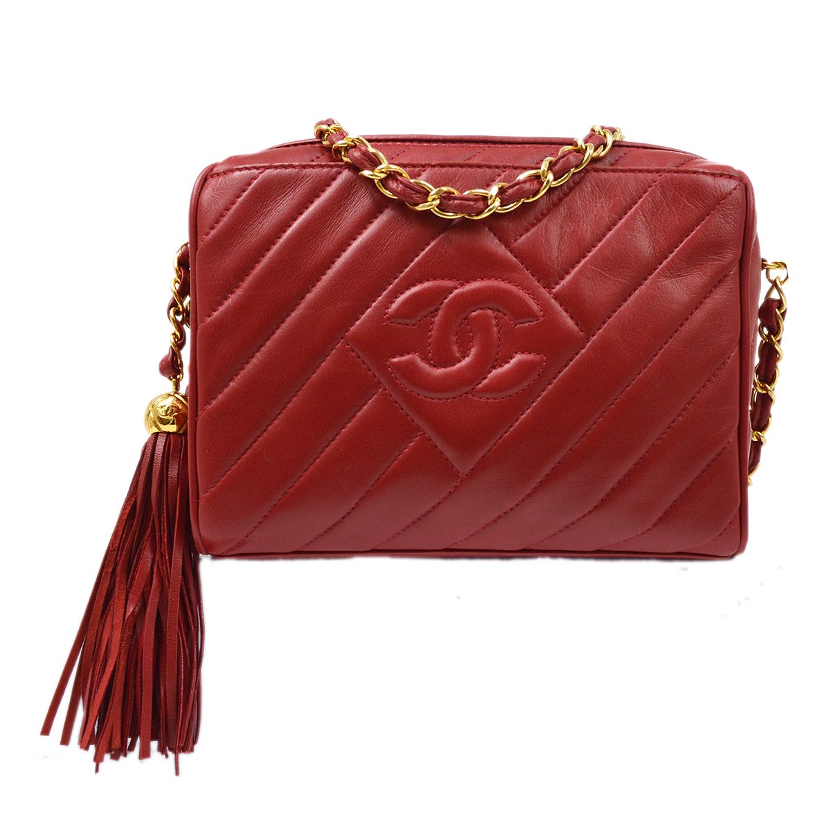 Chanel Red Quilted Lambskin Fringe Chain mini shoulder bag