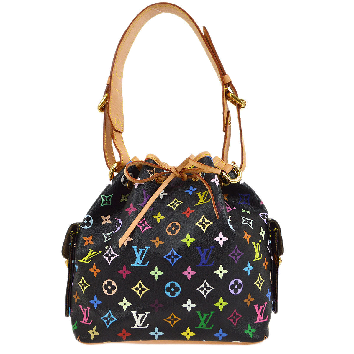Authentic Louis Vuitton Black Multicolor Canvas Noe Drawstring Shoulder Bag