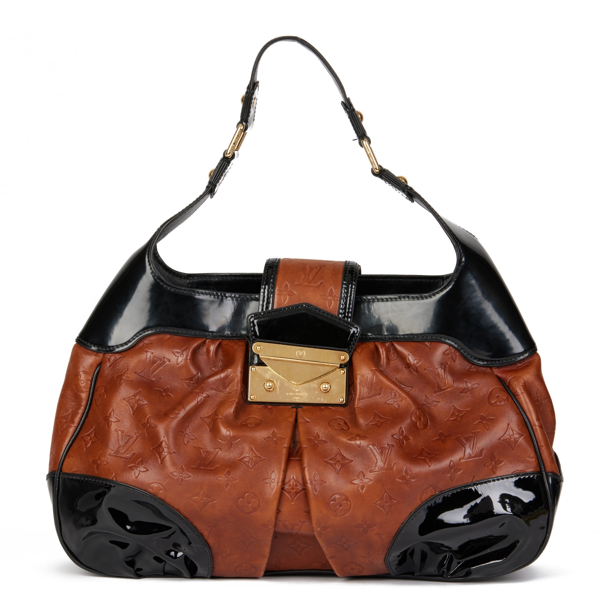 Louis Vuitton Black Patent Leather & Caramel Embossed Calfskin Leather Polly