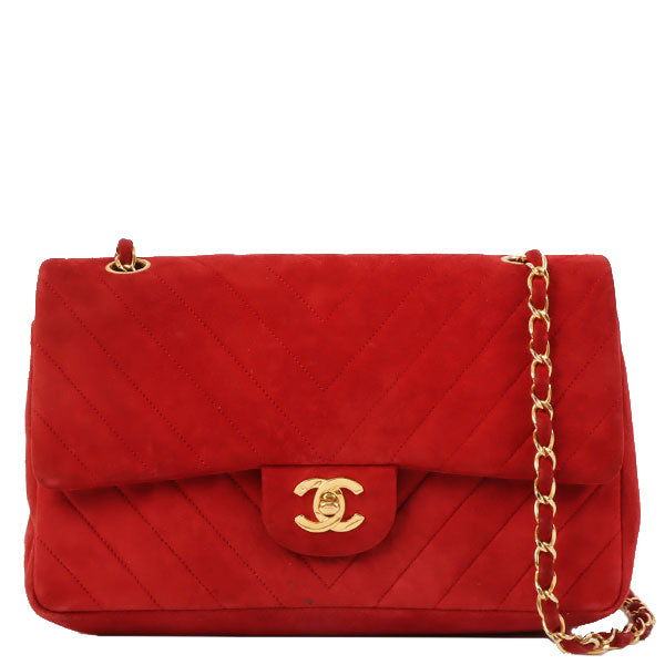 Chanel Around 1990 Made Suede V Stitch Classic Flap Chain Bag 25cm Red