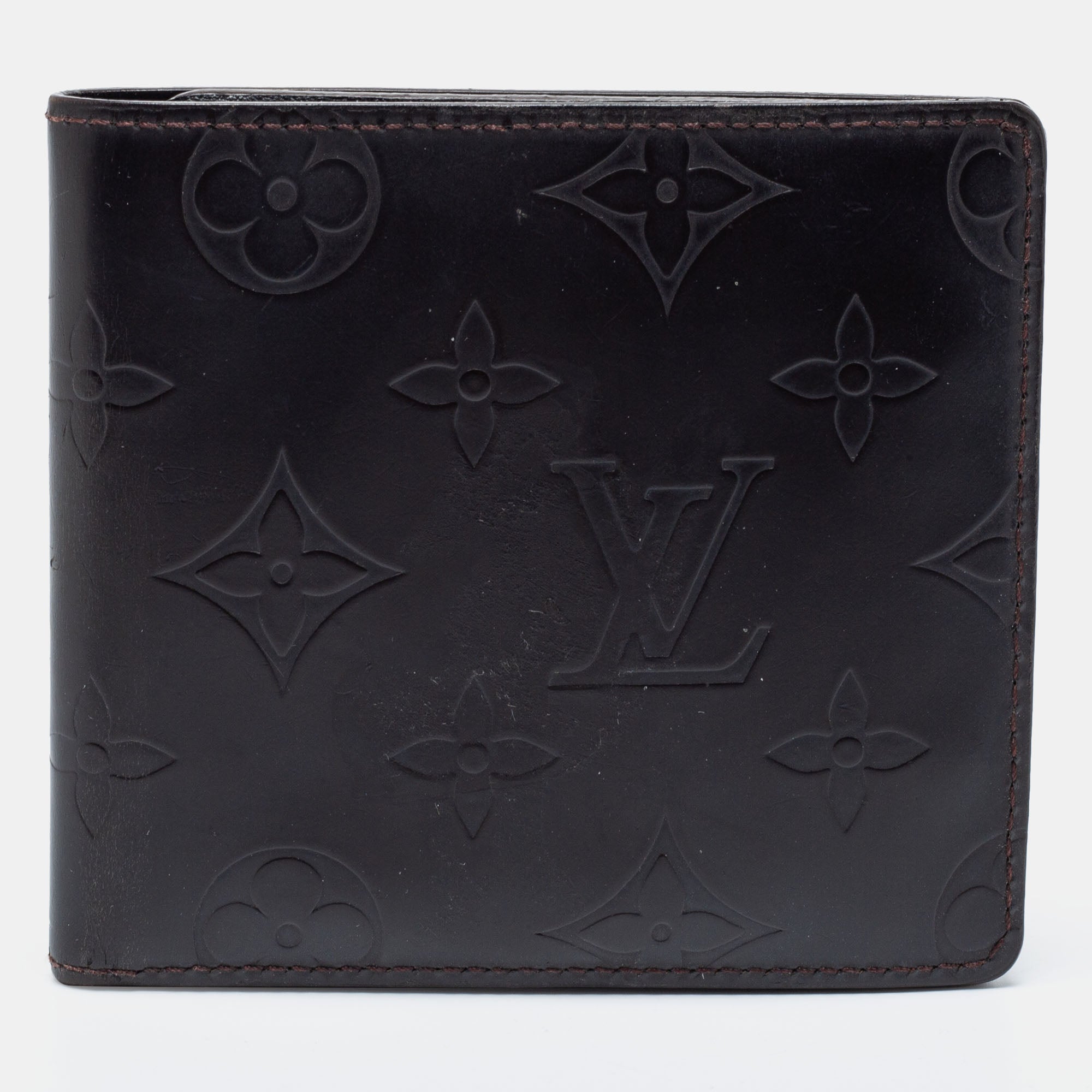 Louis Vuitton Dark Brown Leather Monogram Embossed Bifold Wallet