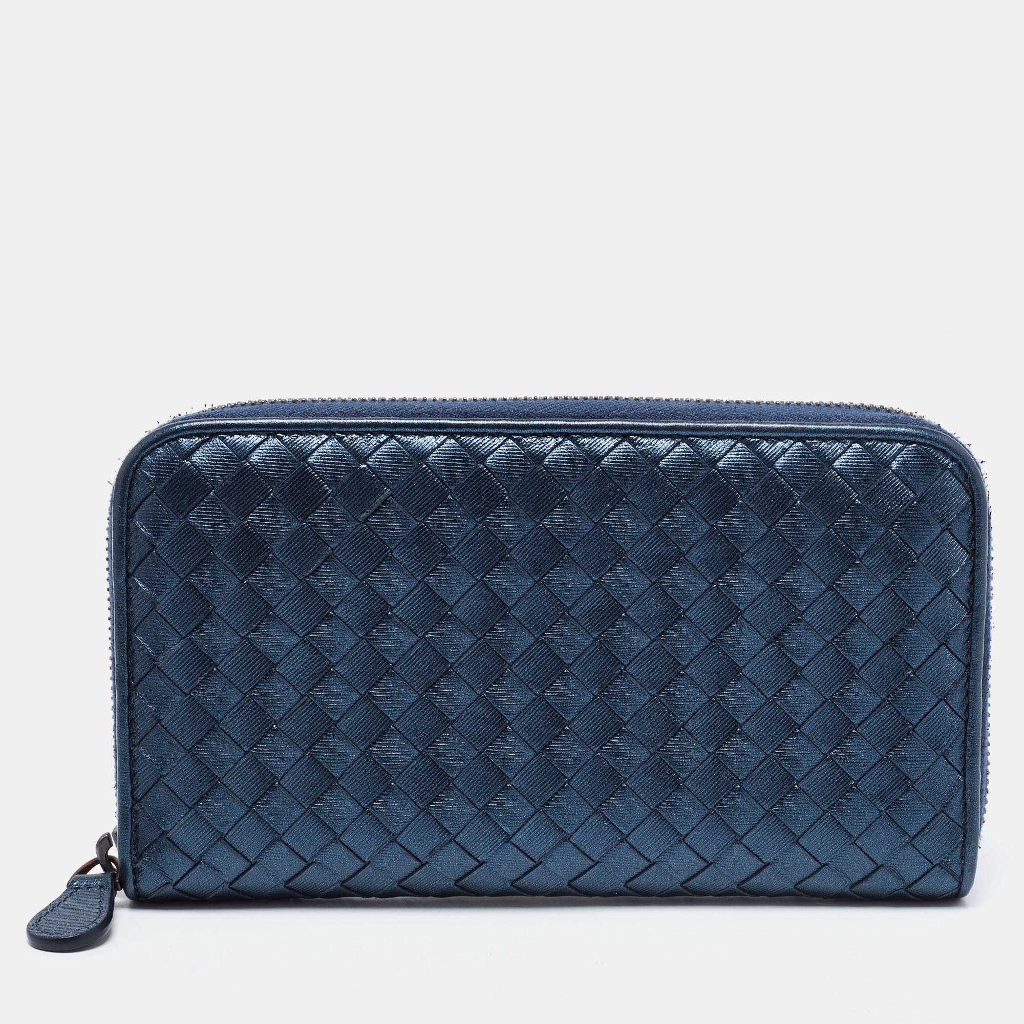 Bottega Veneta Blue Intrecciato Leather Zip Around Coin Purse Wallet