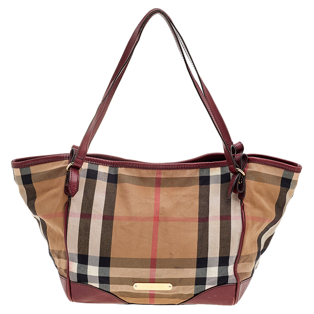 BURBERRY Maroon Leather Bridle House Check Canvas Canterbury Tote