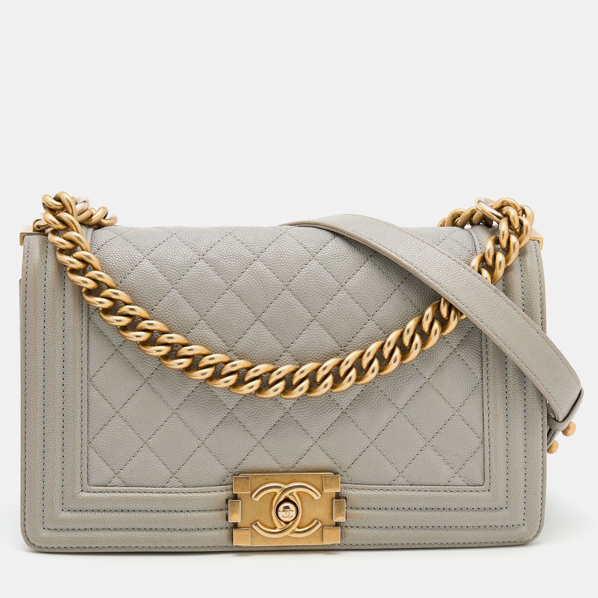 Chanel Grey Quilted Caviar Boy Bag