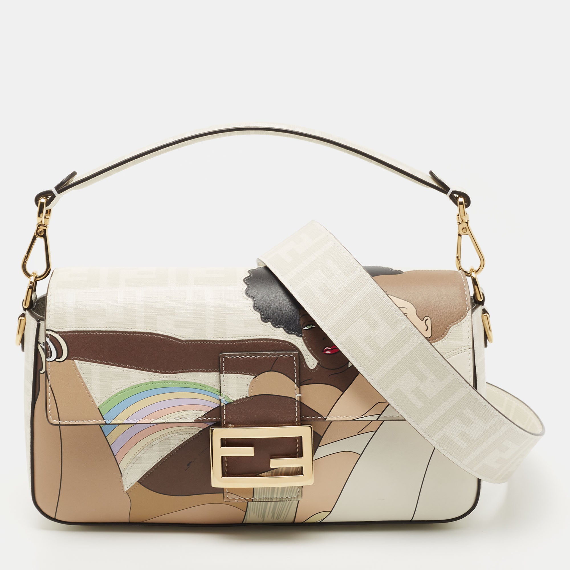 FENDI: Baguette bag in canvas with thread embroidered FF monogram - Yellow  Cream