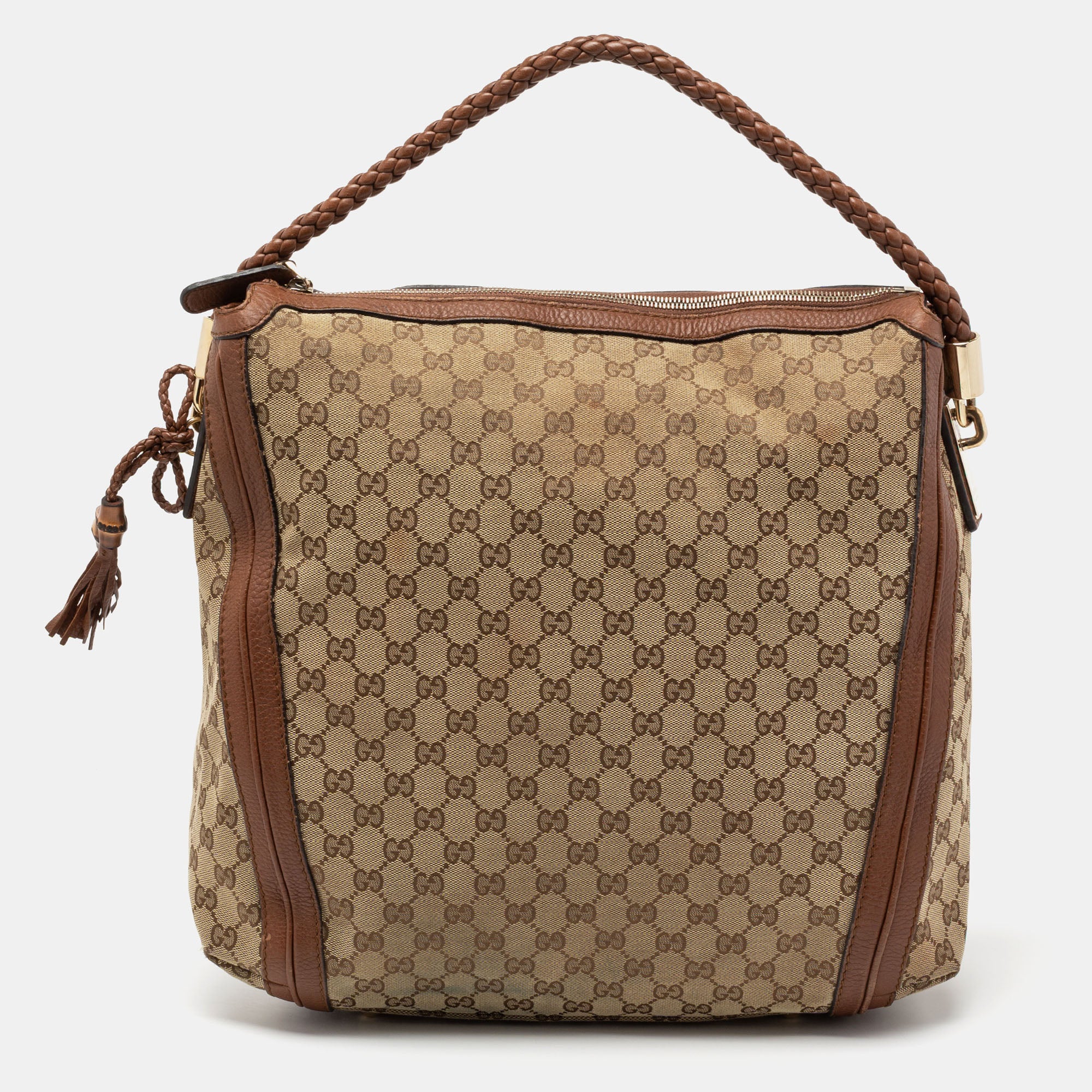 GUCCI Brown Monogram Canvas Tote Hobo Vintage Bag Bamboo Handle