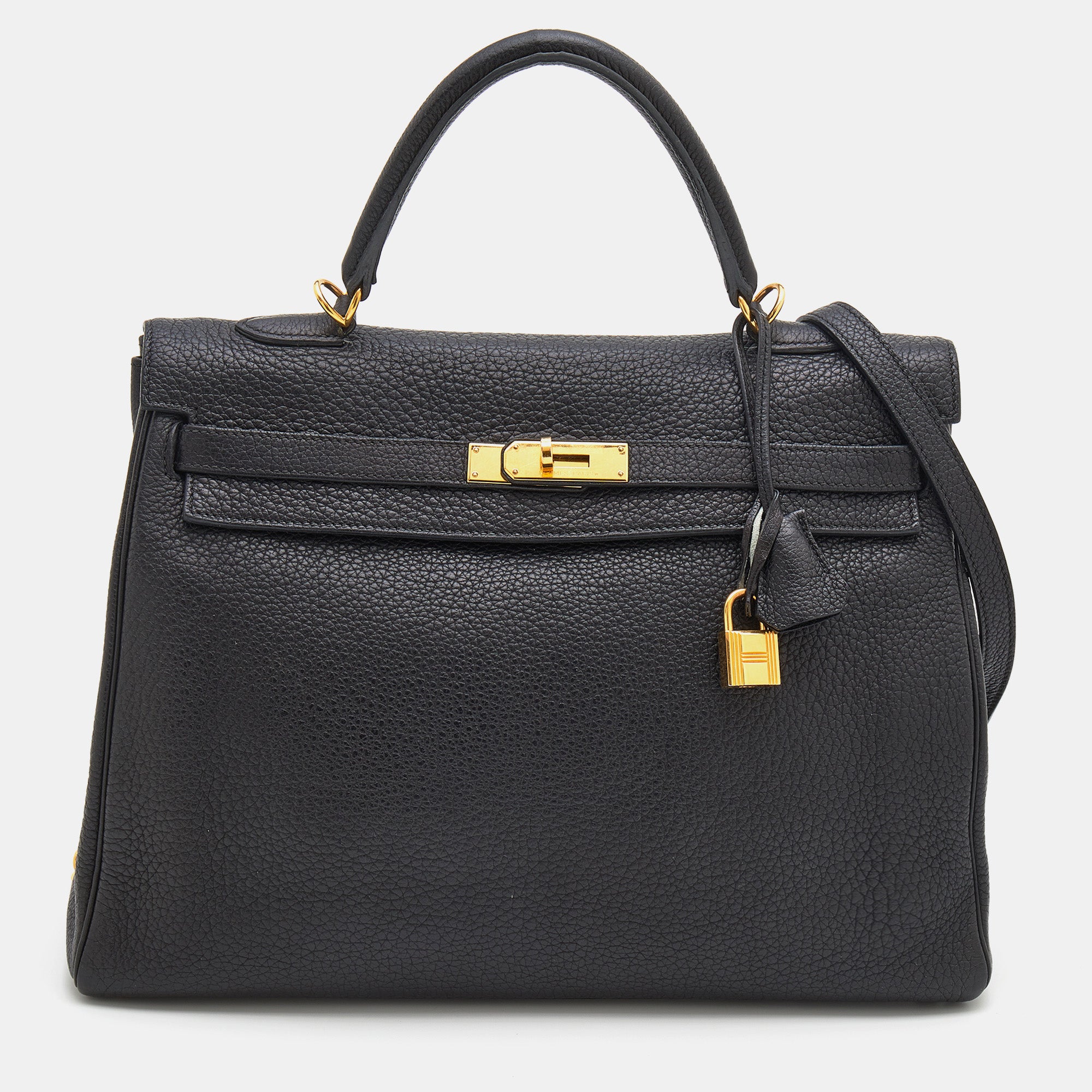 Hermes Black Fjord Leather Gold Finish Kelly Retourne 35 Bag