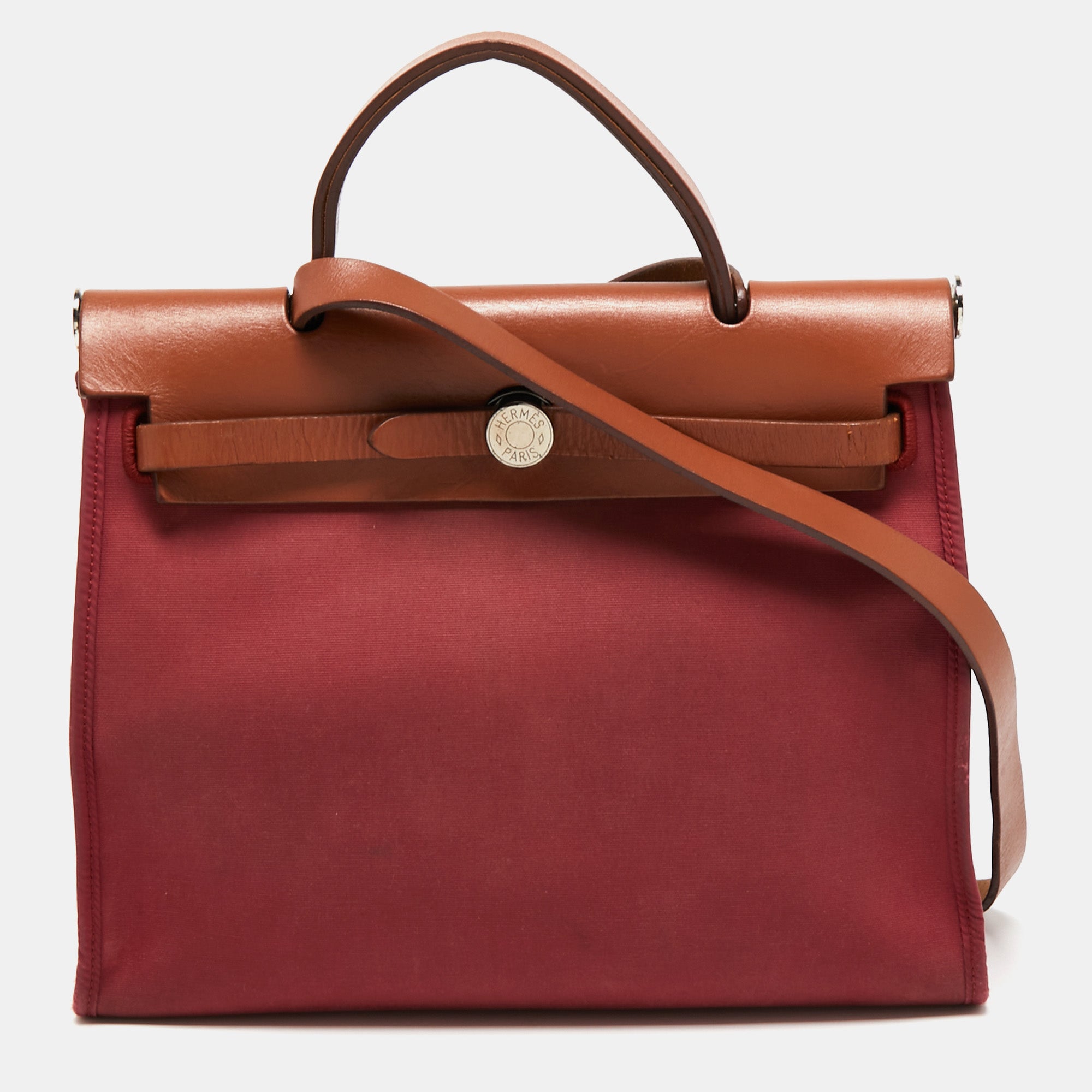 Hermès Hermès Herbag Zip 31 Canvas Handbag-Beige/Berry Red/Red Brown Silver  Hardware (Top Handle)