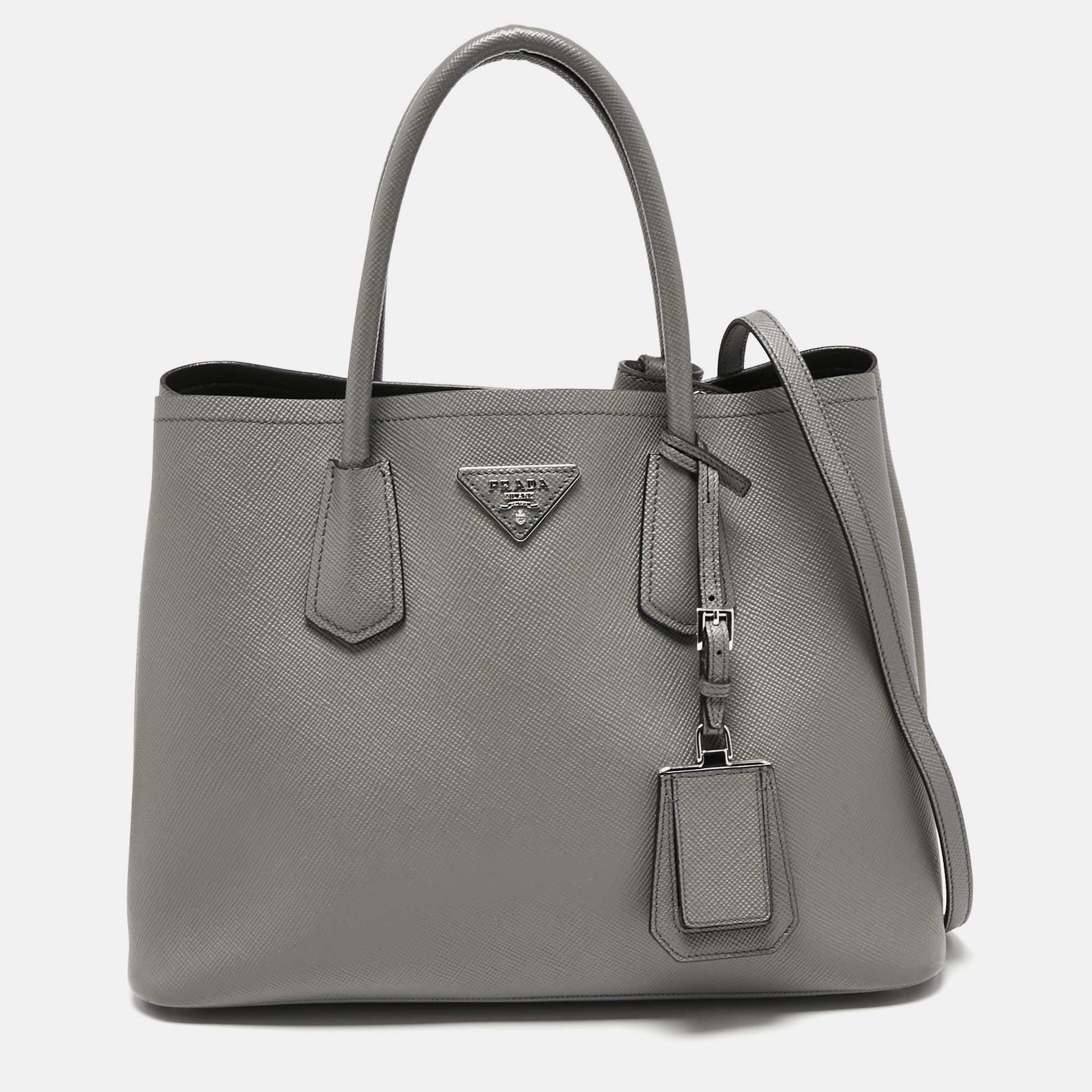 Prada Saffiano Cuir Medium Double Bag in Gray