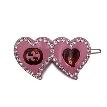 GUCCI Pink Resin Double Hearts Crystals Hair Clip Barrette