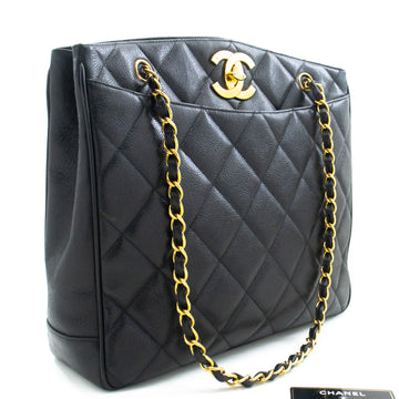 CHANEL Caviar Large Chain Shoulder Bag Black Quilted Leather