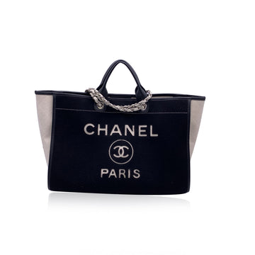 CHANEL Black And White Felt Wool Large Deauville Tote Shoulder Bag