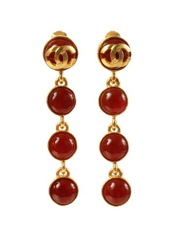 CHANEL 1995 Made Gripoix Round Cc Mark Swing Earrings Gold/Red