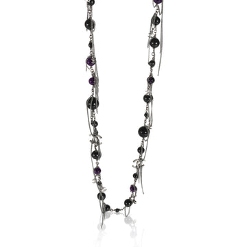 CHANEL Ruthenium 2009 CC Black & Purple Bead Long Necklace With CC