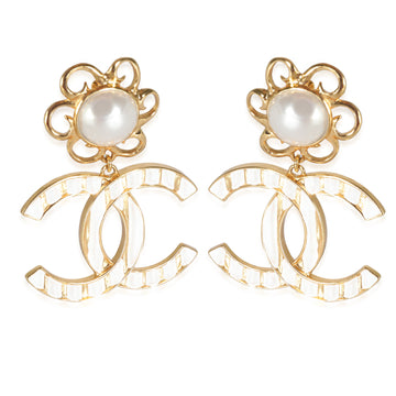 CHANEL CC Dangle Earrings with Faux Pearls & White Enamel I 23 C