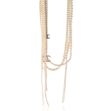 CHANEL Faux-Pearl Fringe Necklace Gold Toned Multi-Strand B 14 B