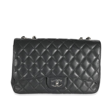 CHANEL Black Quilted Caviar Jumbo Classic Single Flap