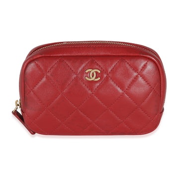 CHANEL Red Quilted Lambskin Small Curvy Pouch Cosmetic Case
