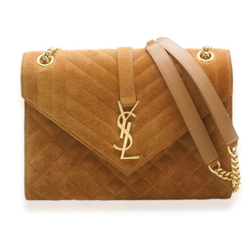 SAINT LAURENT Tan Suede Mixed Triquilt Small Monogram Envelope Flap Bag