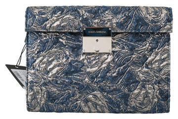 Dolce & Gabbana Men's Blue Silver Jacquard Leather Docut Briefcase Bag