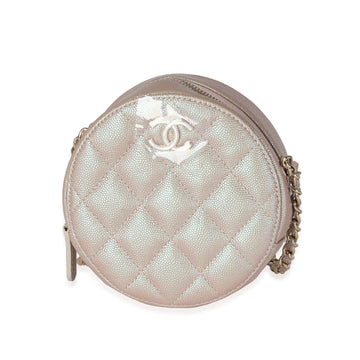CHANEL Pink Iridescent Quilted Caviar Round Clutch With Chain