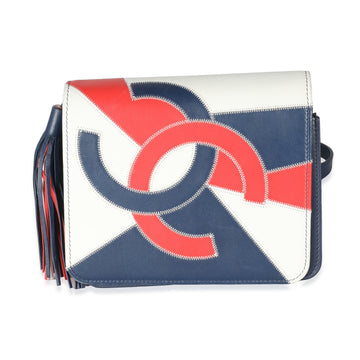 CHANEL Red Blue White Lambskin Patchwork CC Flap Bag