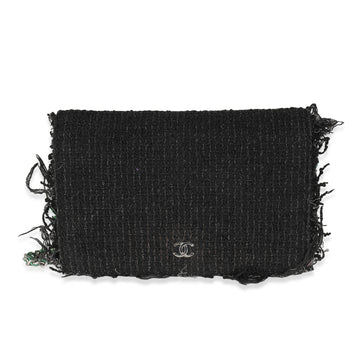 CHANEL Black Green Frayed Tweed Robot Wallet On Chain