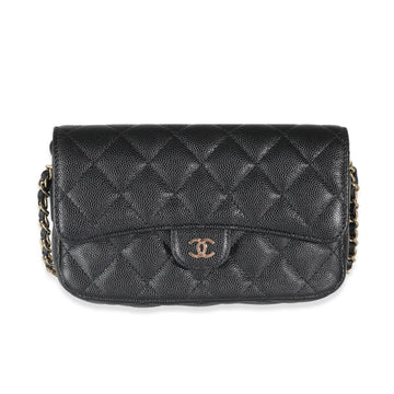 CHANEL Black Quilted Caviar Flap Phone Holder With Chain