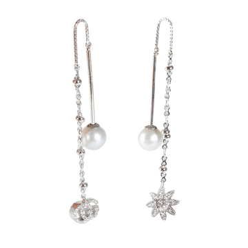 GUCCI Flora Diamond & Pearl Threader Earrings in 18k White Gold 0.24 CTW