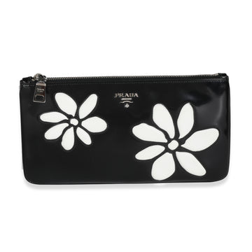 PRADA Black Spazzolato Flower Zip Pouch