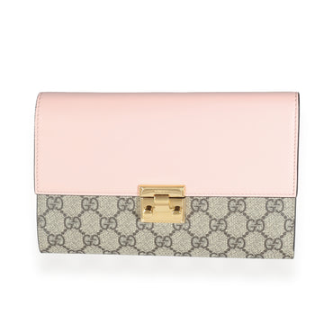 GUCCI Pink Calfskin GG Supreme Canvas Padlock Clutch