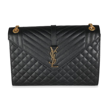 SAINT LAURENT Black Grain De Poudre Triquilt Matelasse Large Envelope Flap Bag