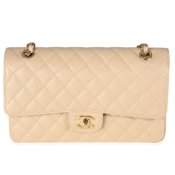 CHANEL Beige Quilted Caviar Medium Classic Double Flap Bag