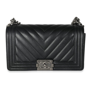 CHANEL Black Chevron Quilted Caviar Medium Boy Bag