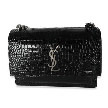 SAINT LAURENT Shiny Black Croc Embossed Medium Sunset Bag