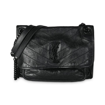 SAINT LAURENT Black Matelasse Crinkled Calfskin Medium Niki Bag