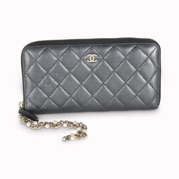 CHANEL Gunmetal Metallic Quilted Lambskin Zip Around Wallet