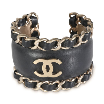 CHANEL 2016 Leather CC Cuff Gold Plated Bracelet