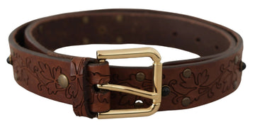 Dolce & Gabbana Men's Brown Leather Floral Studded Metal Buckle Belt