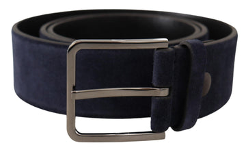 Dolce & Gabbana Men's Navy Blue Velvet Leather Silver Logo Buckle Belt